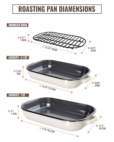 MCCSI Roasting Pan for Oven with Rack 6-Piece Enamel Lasagna Baking Dishes Set 14&17 Inch, 572°F High Temperature Resistance Dishwasher Safe Non-Stick Deep Turkey Roaster Pan Mothers Day Gift Bakeware