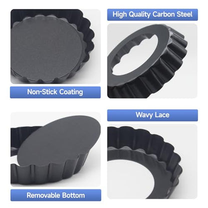 Urxirha 6 Pack Mini Fluted Tart Pans 4 Inch with Removable Bottom, Nonstick Quiche Pan with Silicone Basting Pastry Brush for Baking Treats, Pie, Quiches, Tartlets