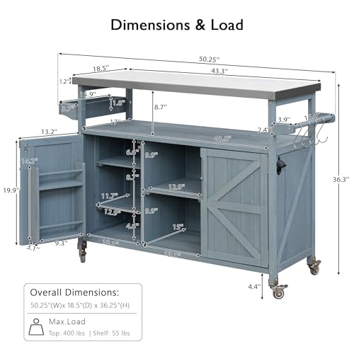 Trygoal Outdoor Grill Cart with Storage, Rolling Bar Cart and Lockable Wheels, Farmhouse Solid Wood Outdoor Grill Table with Stainless Steel Top, Spice Rack, Towel Rack for Kitchen and BBQ, Grey Blue