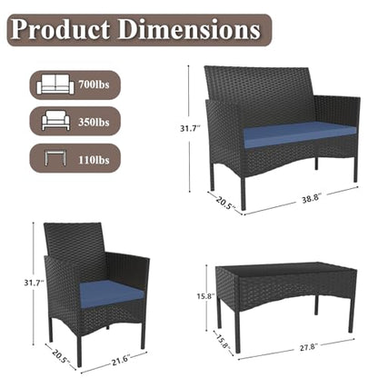 ASJMR 4 Piece Patio Rattan Conversation Set, Outdoor Rattan Chair Wicker Furniture Set, Couple Seats and Tempered Glass Table,Comfort Seat for Patio, Pool or Backyard, Navy