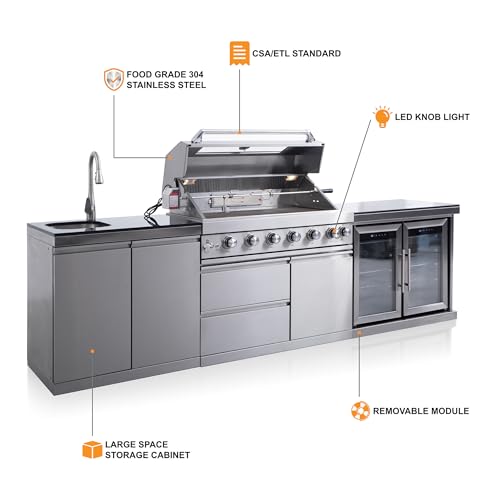 85 Inch Outdoor Kitchen Island with Bar Table, 4 Burner Propane Gas BBQ Grill 71500 BTU, 304 Stainless Steel, Single-Door Refrigerator, Stainless Steel Sink with Faucet, For Backyard BBQ, Sliver