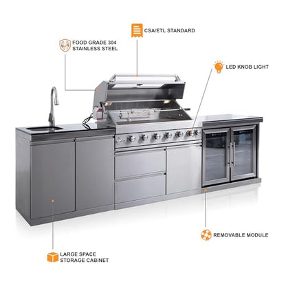 85 Inch Outdoor Kitchen Island with Bar Table, 4 Burner Propane Gas BBQ Grill 71500 BTU, 304 Stainless Steel, Single-Door Refrigerator, Stainless Steel Sink with Faucet, For Backyard BBQ, Sliver