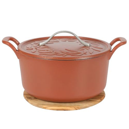 Bloomhouse 7 Qt Cast Iron Dutch Oven W/Embossed Lid, European Enamel, & Olive Wood Trivet - Matte Terracota