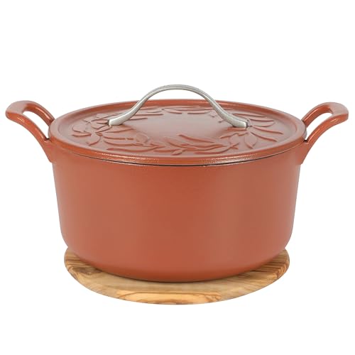 Bloomhouse 7 Qt Cast Iron Dutch Oven W/Embossed Lid, European Enamel, & Olive Wood Trivet - Matte Terracota