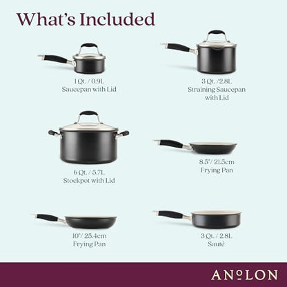 Anolon Advanced Ceramic Nonstick Pots and Pans, Induction Suitable, Dishwasher Safe, 9 Piece Cookware Set - Black with Cream Ceramic Interior