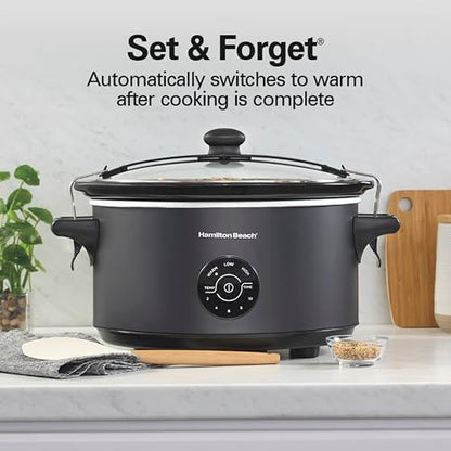 Hamilton Beach 7 Quart Stay or Go Portable Programmable Slow Cooker, 15 Cooking Options, Large Dishwasher Safe Stoneware Crock, Clip-Tight Glass Lid For Easy Travel, Black (33771)