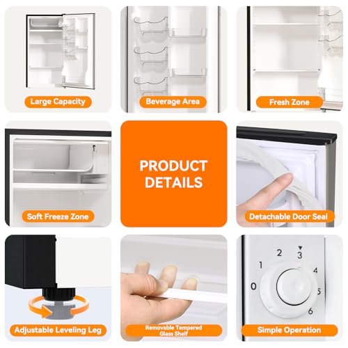 Frestec 3.2 Cu. Ft. Mini Fridge with Freezer Small Refrigerator, for Bedroom, Single Door, Energy Saving, Low Noise,for Office (Grey)