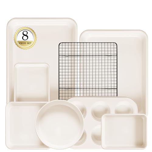 8-Piece Non-stick Baking Pans Set – Stackable Bakeware Set for Kitchen, Carbon Steel Baking Set with Cookie Sheet, Roasting Pan, Cake Pan, Muffin Pan, Cooling Rack, Baking Essentials Supplies