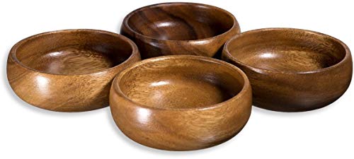 Home Essentials Natural Acacia Wooden Bowls Hand-Carved Calabash Dip Tray Bowl S/4 Ideal for Appetizers, Dips, Sauce, Nuts, Candy, Olives, Seeds, Desserts and More. (Round)