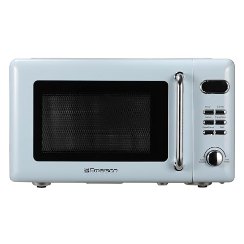 Emerson MWR7020BL Retro Compact Countertop Microwave Oven with Button Control, LED Display, 700W 5 Power Levels, 8 Auto Menus, Glass Turntable and Child Safe Lock, 0.7, Thunderbird Blue