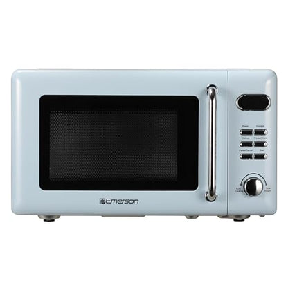 Emerson MWR7020BL Retro Compact Countertop Microwave Oven with Button Control, LED Display, 700W 5 Power Levels, 8 Auto Menus, Glass Turntable and Child Safe Lock, 0.7, Thunderbird Blue