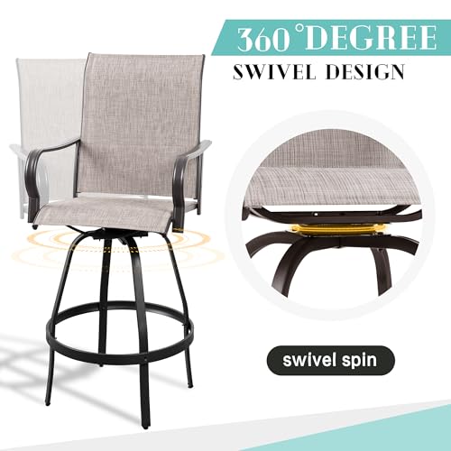 Vongrasig 5 Piece Patio Swivel Bar Set, All Weather Mental Textilene High Swivel Bar Stools Chair Set of 4 and Glass Bar Table, Outdoor High Top Bistro Set for Lawn Garden, Balcony, Taupe