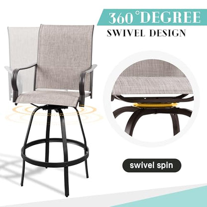 Vongrasig 5 Piece Patio Swivel Bar Set, All Weather Mental Textilene High Swivel Bar Stools Chair Set of 4 and Glass Bar Table, Outdoor High Top Bistro Set for Lawn Garden, Balcony, Taupe