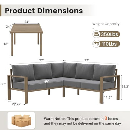 UDPATIO 6 Piece Patio Furniture Set, Faux Wood Metal Outdoor Sectional Sofa with 6" Thick Olefin Cushions, Wide Armrest & Coffee Table, L Shaped Outdoor Furniture for Garden, Backyard Dark Grey