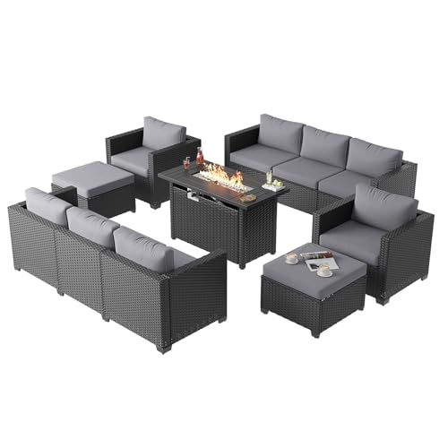 Aoxun 7 Piece Patio Furniture Set with Fire Pit Table, 10 Seats Outdoor Furniture Set with Wicker Ottomans, Rattan Outdoor Sectional Sofa with Thickened Cushion & Waterproof Cover Grey