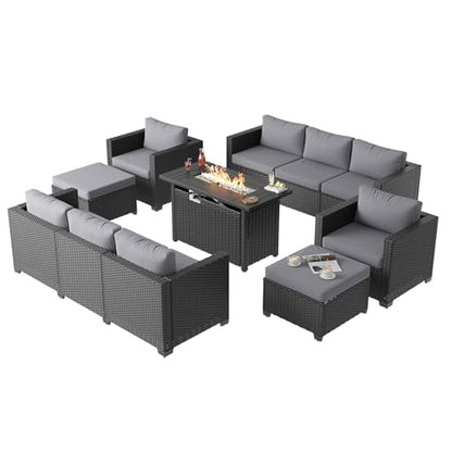 Aoxun 7 Piece Patio Furniture Set with Fire Pit Table, 10 Seats Outdoor Furniture Set with Wicker Ottomans, Rattan Outdoor Sectional Sofa with Thickened Cushion & Waterproof Cover Grey