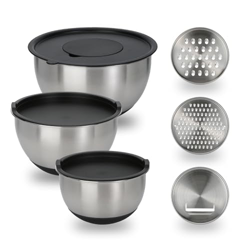 GreatChef Mixing Bowls Stainless Steel Set of 9-1.5, 3.0, 5QT Bowl and Graters, with Airtight Lids, Non-slip Base, Metal Nesting, Storage, Salad, Baking, Elegance in Every Mix & Serving