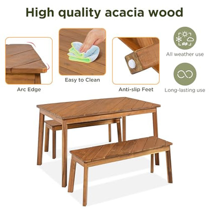 SOFTSEA 3-Piece Outdoor Patio Dining Table Set, Acacia Wood Picnic Table with 2 Benches, Indoor Outdoor Dining Set for Garden, Porch and Poolside, Natural