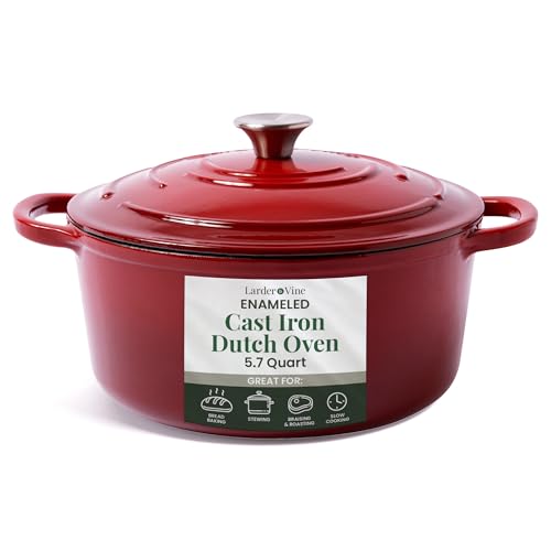 Larder & Vine Enameled Cast Iron Dutch Oven Pot with Lid | Bread Baking | Compatible on All Cooktops & Oven Safe to 500° F | Great for Sourdough Bread | Cabernet