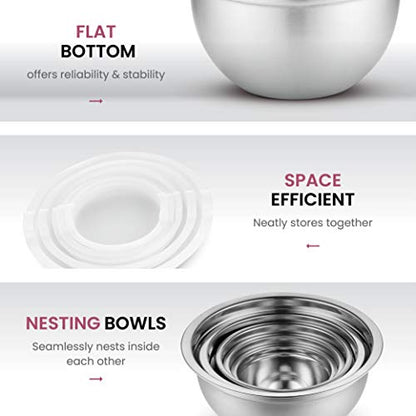 FineDine Stainless Steel Mixing Bowls Set with Lids, Home Kitchen Cooking Essentials Household Must Haves for Baking, 5 Pieces