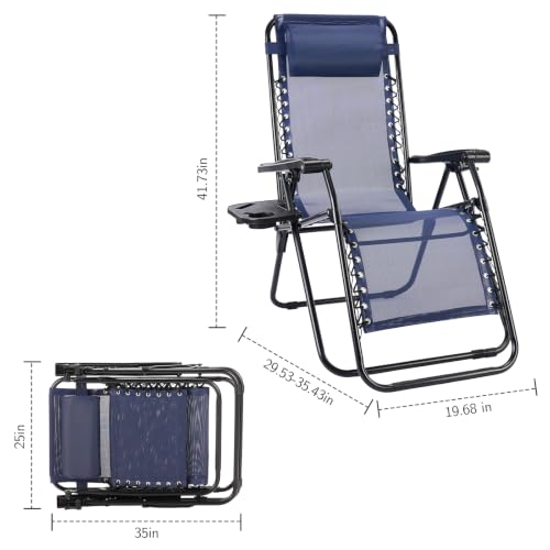 Sweetcrispy Zero Gravity Chairs Set of 2, Outdoor Folding Reclining Lounge Chair with Cup Holder Tray & Adjustable Pillow, Portable Camping Beach Patio Poolside Lawn Yard Chair, Classic Blue