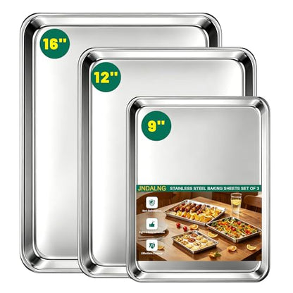 JNDALNG Stainless Steel Cookie Sheet for Baking Set of 3, Stainless Steel Baking Sheet, 9" 12" 16" Sheet Pans, Non Stick, BPA Free, Dishwasher Safe, Durable and Easy Clean (Set of 3-9,12,16”)