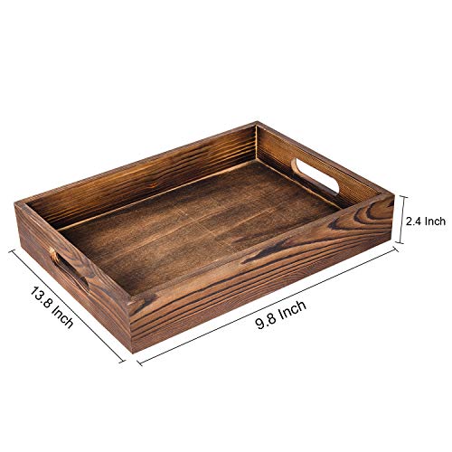ExoLiry Rustic Brown Wood Food Serving Tray Cutout Handles Breakfast in Bed Coffee Wine Rectangular Ottoman Nesting Crate Tabletop Storage Box Desktop Document Holder Party Office Home Kitchen