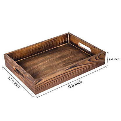 ExoLiry Rustic Brown Wood Food Serving Tray Cutout Handles Breakfast in Bed Coffee Wine Rectangular Ottoman Nesting Crate Tabletop Storage Box Desktop Document Holder Party Office Home Kitchen