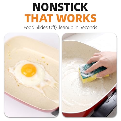 I-Keukenn 15'' Ceramic Nonstick Electric Skillet with Tempered Vented Glass Lid,Removable Easy-to-Clean,Thermostat Control to Prevent Overheating, Red