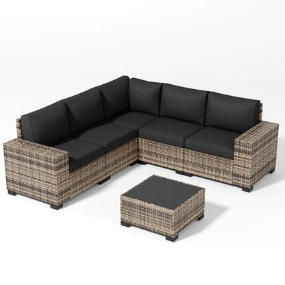 VONZOY Patio Furniture Set, Wide Armrest Outdoor Furniture Set with Thick Cushions, 6 Piece Wicker Rattan Patio Sectional Sofa for Backyard, Poolside, Garden
