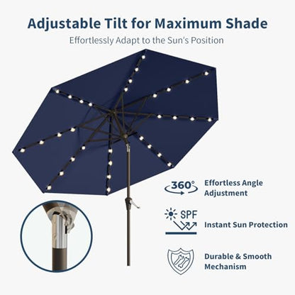 Patio Kingdom 9FT Solar Umbrella 32 LED Lighted Patio Umbrella Table Market Umbrella w/Tilt and Crank, UV-Resistant Outdoor Umbrella for Pool, Garden, Deck, Navy Blue