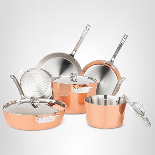 Viking Contemporary 4-Ply Pots and Pan Set, 9 Piece Copper Kitchen Cookware with Metal Lids