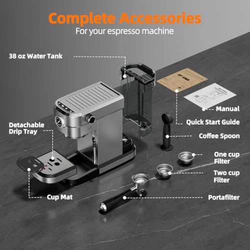 SECPOEDR 20 Bar Compact Espresso Machine with Pressure Gauge, Stainless Steel Espresso Maker with Milk Frother, Coffee Machine for Cappuccino & Latte, Silver