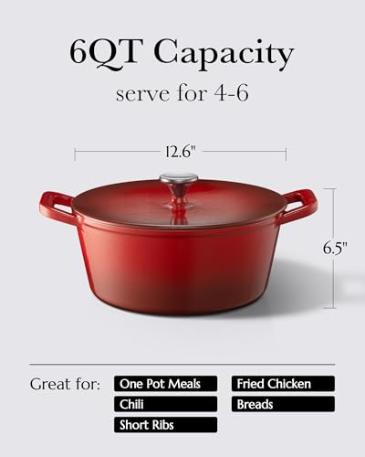 Dutch Oven Pot with Lid, 6QT Cast Iron Dutch Oven, Heavy Duty & Dual Handle, Dutch Oven for Bread Baking, Specialty Bread & Loaf Forms, Braising & Roasting, Sourdough Bread Baking, Oven Safe up to 500℉, Cast Iron Pot Compatible with All Cooktops, Cerise