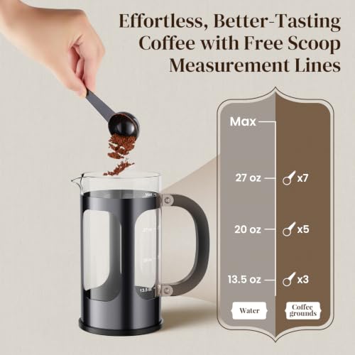 Veken French Press Coffee Maker 34oz, No Plastic Touching Cafe,Thickened Glass Stainless Steel Brewer, Cold Brew Cafetera Tea pot for Kitchen Travel Camping, Gifts, Decor, Bar Accessories, Dark Pewter