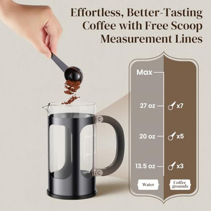 Veken French Press Coffee Maker 34oz, No Plastic Touching Cafe,Thickened Glass Stainless Steel Brewer, Cold Brew Cafetera Tea pot for Kitchen Travel Camping, Gifts, Decor, Bar Accessories, Dark Pewter
