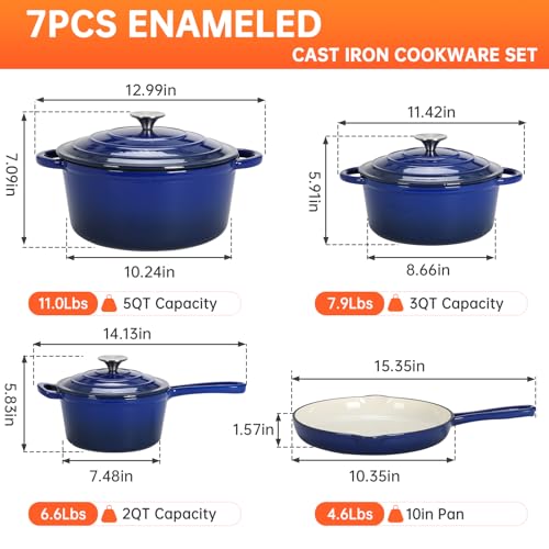 LIFERUN Nonstick Enameled Cast Iron Cookware Set, 7Pcs Pots and Pans Set, Gas/Induction Dutch Oven Set, PFOA & PFAS Free