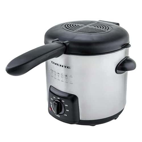 OVENTE Electric Deep Fryer 0.9L Capacity with Locking Lid, Adjustable Temperature Knob, Removable Frying Basket and Cool Touch Handle, 840W Power, Easy to Clean Stainless Steel Body, Silver FDM1091BR