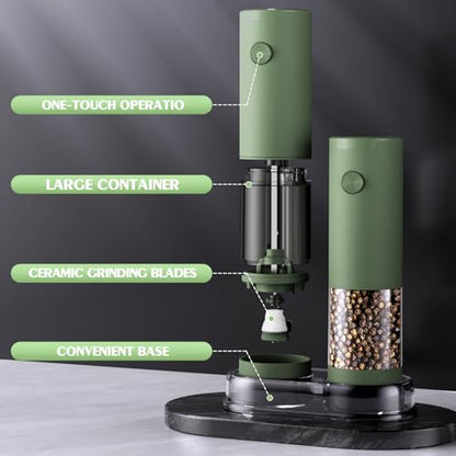 Salt and Pepper Grinder Set Mom Gifts, Electric Automatic Green Salt Pepper Shakers Home Kitchen Gadgets for New Home, Adjustable Coarseness Pepper Grinder Kitchen Appliances