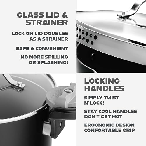 GOTHAM STEEL 5 Qt Nonstick Pasta Pot with Strainer Lid & Twist and Lock Handles, Ceramic Stock Pot with Tempered Glass Lid, Metal Utensil Safe, for Spaghetti Soup & Noodles, Dishwasher Safe, Black