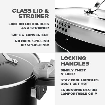 GOTHAM STEEL 5 Qt Nonstick Pasta Pot with Strainer Lid & Twist and Lock Handles, Ceramic Stock Pot with Tempered Glass Lid, Metal Utensil Safe, for Spaghetti Soup & Noodles, Dishwasher Safe, Black