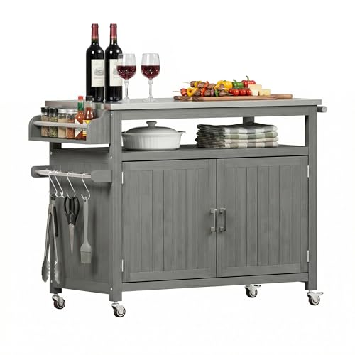 FUQARHY 43.3-Inch Outdoor Kitchen Island with Storage Cabinet and Stainless Steel Top, Solid Wood Prep Station Grill Table with Lockable Wheels for Patio, Backyard, Party (Gray)