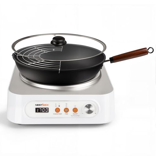 NESTIQEX Concave Induction Wok Cooktop Set, 1700W 120V Portable Induction Burner Electric Hot Plate with 13.4" Carbon Steel Wok, Glass Lid & Rack, Upgraded Steady Heat Control for Stir Fry & Hot Pot