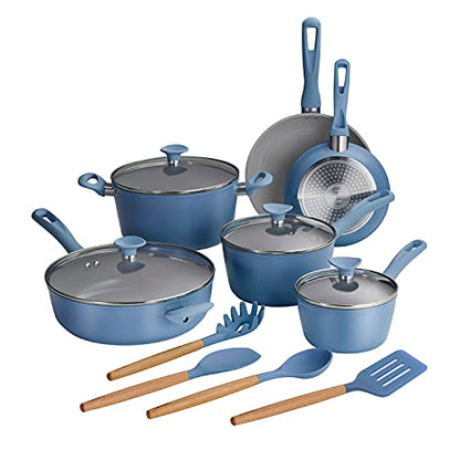 Tramontina Solara 14-Piece Ceramic Non Stick Cookware Set with Lids, Heavy-Gauge Aluminum Pots and Pans Kitchen Set with Nonstick Coating, Dishwasher and Oven Safe (Blue)