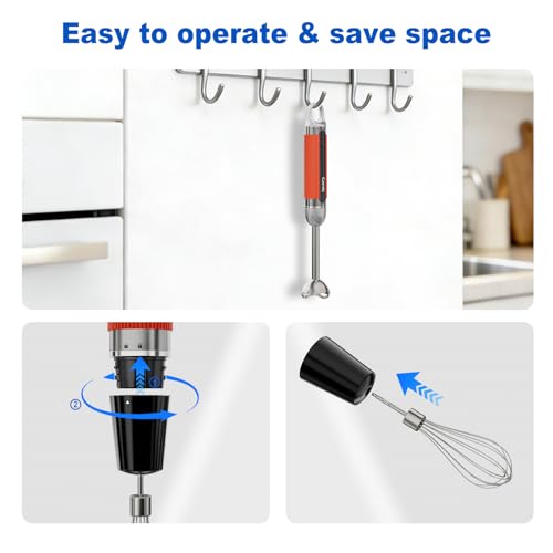 Cordless Immersion Hand Blender with Charging, 4 in 1 Handheld Blenders Set, 6-Speed Turbo, Wall-Mountable Design, Includes Chopper, Whisk & Frother for Soup, Baby Food & Smoothies (Orange)