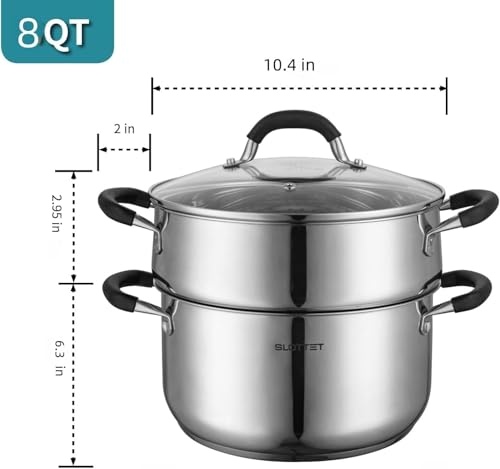 SLOTTET Stainless Steel 8 Quart Stock Pot with Steamer,8 Qt Deep Soup Pot for cooking,Multipurpose Stockpot with silicone Stay-cool Handle.Dishwasher and Oven Safe,Induction Stainless Steel Cookware