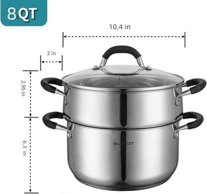 SLOTTET Stainless Steel 8 Quart Stock Pot with Steamer,8 Qt Deep Soup Pot for cooking,Multipurpose Stockpot with silicone Stay-cool Handle.Dishwasher and Oven Safe,Induction Stainless Steel Cookware