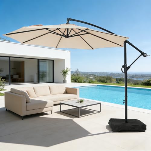 wikiwiki 10ft Patio Umbrella with Base Included, Outdoor Offset Cantilever Umbrella with Sandbag Base for Backyard, Garden and Pool, Easy to Tilt and Crank, Beige