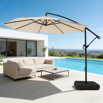 wikiwiki 10ft Patio Umbrella with Base Included, Outdoor Offset Cantilever Umbrella with Sandbag Base for Backyard, Garden and Pool, Easy to Tilt and Crank, Beige