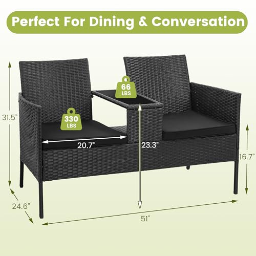 Kromax Wicker 2 Seat Patio Loveseat, Outdoor Rattan Loveseat with Table